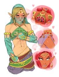 1boy 1boy1girl 1femboy 1girls ass blonde_hair breath_of_the_wild bridal_gauntlets canon_crossdressing crossdressing dark-skinned_female fantasizing femboy feminine_male gerudo gerudo_link gerudo_sirwal gerudo_top gerudo_veil hi_res hoop_earrings hylian hylian_ears jewelry light-skinned_male link link_(breath_of_the_wild) male_focus nintendo nipple_slip pointy_ears pretty_boy the_legend_of_zelda twink urbosa vashperado veil