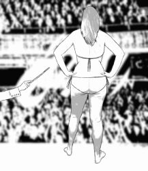 1girls animated animated_gif ass assisted_exposure audience back backside bikini bikini_bottom bikini_removed bikini_top black_and_white covering_self crowd embarrassed embarrassed_nude_female enf from_behind full_body magic_wand public_exposure public_nudity realistic removed_clothing rfgdds222445