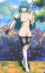 1girls alternate_costume aqua_hair armor bangs bare_midriff bare_thighs bikini_armor blue_eyes blue_hair boots breasts bush c-string claudia_levantine_(cosplay) cosplay crossover eirika_(fire_emblem) elbow_gloves female female_only fire_emblem fire_emblem:_the_sacred_stones full_body gloves high_heels knight kuroinu_~kedakaki_seijo_wa_hakudaku_ni_somaru~ large_breasts long_hair looking_at_viewer maebari midriff nintendo okawari_muryou open_mouth outdoors pasties rapier revealing_clothes sideboob skimpy_clothes skindentation smile solo standing sword tawarana_tawawa thick_thighs thighhighs thighs tree underboob very_long_hair weapon