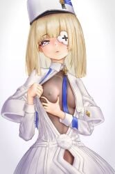 azur_lane blonde_hair blue_ribbon bodystocking bodysuit bodysuit_under_clothes breast_curtains breast_grab breasts breasts_apart capelet center_opening coat covered_nipples dress eyepatch hair_between_eyes hat le_terrible_(azur_lane) long_sleeves looking_at_viewer medium_hair military_hat mole nipples no_bra nuconanatume_(artist) open_clothes pom_pom_(clothes) purple_eyes ribbon see-through small_breasts solo upper_body white_background white_dress white_headwear