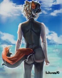 4:5 aak_(arknights) anthro arknights ass beach furry girly hi_res hypergryph ibukemono male sea seaside slim solo studio_montagne summer water