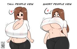 big_breasts black_pants blush brown_hair cleavage crop_top deep_cleavage fully_clothed haloowl heart low-angle_view midriff nipple_bulge nipples_visible_through_clothing pov slim_waist tight_pants underboob visible_nipples white_background white_shirt wide_hips