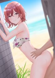 1boy against_wall ass beach bikini bikini_top_only blush bottomless brown_eyes brown_hair commentary_request crossed_bangs female floral_print from_side hair_between_eyes higuchi_madoka idolmaster idolmaster_shiny_colors looking_at_viewer mole mole_under_eye ocean outdoors paid_reward_available panriru print_bikini sex sex_from_behind short_hair solo_focus standing standing_sex swept_bangs swimsuit tile_wall tiles torso_grab white_bikini