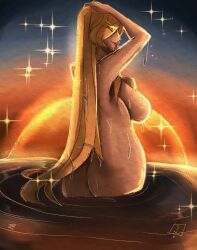 ass bathing cleric dat_ass freckles large_breasts long_hair looking_at_viewer looking_back nude nun oc original_character sillydraggo smile sparkles stars sunset