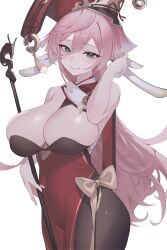 1girls antlers bare_shoulders big_breasts busty cleavage clothing female genshin_impact green_eyes horns huge_breasts kaneko_(bblogtinhan) light-skinned_female light_skin long_hair looking_at_viewer pantyhose pink_hair smile solo thick_thighs yanfei_(genshin_impact)