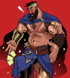 1boy 2021 abs atreus_(league_of_legends) bara barazoku beard biceps big_bulge blush bulge cape chris_sdd clothing erection erection_under_clothes facial_hair gay hairy hi_res highres huge_bulge league_of_legends male male_focus male_only male_pubic_hair manly muscles muscular muscular_arms muscular_male nipples nsfw_chrsdd pantheon penis_outline riot_games scar solo solo_male tattoos