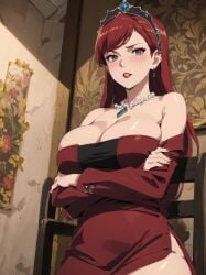 1girls ai_generated big_breasts breast_hold bursting_breasts busty cleavage crossed_arms dress female grey_eyes hilda_boreas_greyrat large_breasts long_hair makeup mature mature_female mature_woman milf mushoku_tensei parted_lips red_hair red_lipstick smile voluptuous