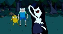 accurate_art_style adventure_time alternate_breast_size backpack bag big_breasts black_hair breasts casual cleavage cleavage_overflow clothing edit edited edited_screencap female finn_the_human footwear grey_skin headwear human jake_the_dog large_breasts laugh male marceline pale_skin screencap screenshot screenshot_edit self_upload vampire yetig