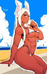 1girls aleksandrgav alternate_version_available bikini boku_no_hero_academia bunny_ears bunny_girl curvaceous curvy_female curvy_figure dark-skinned_female female hi_res ice_cream licking long_hair miruko my_hero_academia rumi_usagiyama seductive_look solo_female solo_focus usagiyama_rumi white_hair