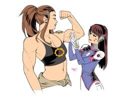 2girls biceps blizzard_entertainment brigitte brigitte_lindholm d.va female flexing hana_song muscle_worship muscular muscular_female overwatch overwatch_2 size_difference suit tagme tank_top vashperado wholesome yuri