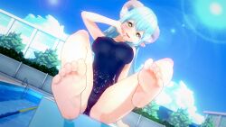 1girls 3d abramax_dvd asahi_kotone big_breasts blue_hair feet feet_up green_eyes koikatsu kotone_asahi kotonevt large_breasts nun pool sheep virtual_youtuber vtuber