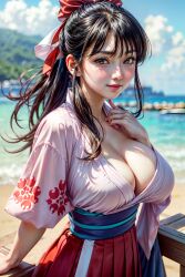 1girls ai_generated big_breasts black_hair blue_eyes bursting_breasts busty cleavage female female_only hair_ribbon japanese_clothes large_breasts looking_at_viewer realistic sakura_shinguji sakura_wars sega smile solo voluptuous