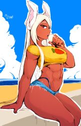 1girls 2023 aleksandrgav boku_no_hero_academia bunny_ears bunny_girl curvaceous curvy_body dark-skinned_female female female_focus female_only hi_res ice_cream licking long_hair miruko my_hero_academia rumi_usagiyama seductive_look usagiyama_rumi white_hair