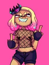 breasts fishnet mesh_shirt middle_finger nipple_tape pearl_(splatoon) sillymxow splatoon