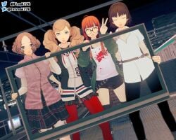 3d 4girls ann_takamaki blonde_hair blue_eyes brown_eyes brown_hair clothed fefreak726 fluffy_hair haru_okumura headphones holding_object koikatsu makoto_niijima night orange_hair peace_sign persona persona_5 sakura_futaba sfw twintails