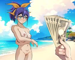 ai_generated beach blue_hair blush breasts card_game cash celina female female_only green_eyes lunalight money nipples nude nude_female public public_nudity pussy serena_(yu-gi-oh!_arc-v) stable_diffusion uncensored unclothing yu-gi-oh! yu-gi-oh!_arc-v