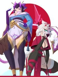 2d 2d_(artwork) 2girls big_breasts boob_window cleavage duo_female duo_focus evelynn fully_clothed glowing_eyes high_resolution highres large_breasts league_of_legends mask masked_female mynanachi nidalee purple_eyes purple_eyes_female purple_hair purple_hair_female riot_games simple_background spear white_background white_hair