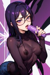 ai_generated ass big_breasts dildo female oral_suggestive purple_hair stable_diffusion violet_eyes