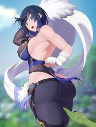 1girls armpits ass ass_focus big_ass big_breasts big_thighs blue_hair clothed_female genshin_impact gloves nanquanzl shirikodama short_hair voluptuous yelan_(genshin_impact)