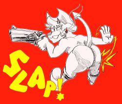 anthro ass bent_over boots butt_slap cigar clothing cowboy_boots cowboy_hat demon firearm footwear gremile_'hotshot' gun handgun hat headgear headwear hi_res imp kings_of_hell male mostly_nude pistol ranged_weapon revolver slap smoking solo solo_male spade_tail spanking spanking_butt spanking_self tail telsmuttelsmut weapon