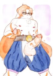 absurd_res anthro balls belt blush bodily_fluids chest_tuft clothing dripping erection eyewear fur genital_fluids genitals glasses hand_on_hip hi_res humanoid_genitalia humanoid_penis lagomorph leporid looking_at_viewer looking_down looking_down_at_viewer male mammal multi_nipple nipples orange_body orange_fur painting_(artwork) penis precum precum_drip rabbit robin_(robinstic) shinystarshard solo traditional_media_(artwork) tuft watercolor_(artwork) white_body white_fur