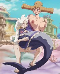 1boy 1girls balls big_breasts blonde_hair blue_eyes breasts charlotte_praline cheating_wife female gomu_gomu_no_mi gomu_gomu_no_mi_(gear_5) interspecies kyaputenu looking_at_another male mermaid mermaid_giantess mermaid_position mermaid_tail monkey_d_luffy nipples one_piece penis reverse_cowgirl_position sandals sex shark_girl shark_mermaid vaginal_penetration white_hair