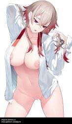 bar_censor breasts brown_hair censored collarbone crossed_bangs fanbox_username female fingernails gradient_hair hair_between_eyes highres jjune large_breasts long_sleeves looking_down mole mole_under_eye multicolored_hair nail_polish navel nipples open_clothes open_mouth original patreon_username pussy red_eyes red_hair red_nails simple_background solo standing white_background