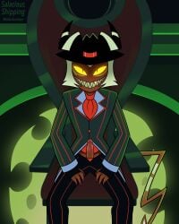 boner crimson_(helluva_boss) demon fully_clothed hat helluva_boss imp looking_at_viewer male_only salaciousships sitting_on_chair suit vivienne_medrano vivziepop wearing_hat