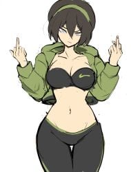 1girls aged_up avatar_the_last_airbender bangs big_breasts blind brown_hair cleavage clothed double_middle_finger female female_only flipping_off flipping_the_bird flipping_viewer_off fully_clothed gym_clothes hair_band hair_bun hair_ornament hourglass_figure jacket leggings middle_finger midriff nike non-nude open_jacket rakeemspoon rude sassy solo sports_bra sportswear standing thick_thighs thigh_gap thin_waist toph_bei_fong upper_body workout_clothes yoga_pants