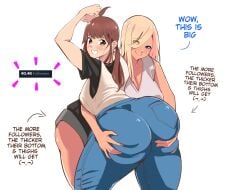 2girls ass ass_expansion ass_focus ass_grab blonde_hair blue_eyes brown_eyes female groping huge_ass kuraido large_ass multiple_girls solo tagme torn_pants