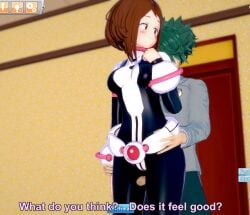 1boy 1boy1girl 1girls 3d blush boku_no_hero_academia breasts brown_eyes brown_hair deku embarrassed english_text female green_hair hands_on_hip imminent_sex innie_pussy izuku_midoriya light-skinned_female male male/female medium_breasts medium_hair midoriya_izuku my_hero_academia ochako_uraraka ochako_uraraka_(hero_outfit) penis penis_between_legs penis_between_thighs u.a._school_uniform uraraka_ochako uraraka_ochako_(hero_outfit)