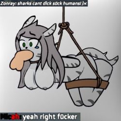 anthro ass_up blowjob breasts chat cock copnrobber dick english_text fellatio female gray_hair green_eyes grey_hair grey_skin hair large_breasts long_hair male meme micah_(cnr) open_mouth penis penis_in_mouth shading shark shark_girl shark_tail silver_background stripes sucking sucking_penis tears text tied_up tiger_shark tits traced traced_art yellolight zonray