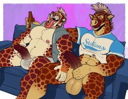 abs alpha_male anthro balls beefy beer_bottle big_balls big_penis bottle clothing cocky cocky_smile container daddy duo erection facial_piercing felid fraternity genitals giraffe giraffid growltiger hand_on_leg hand_on_penis heavy_balls horn huge_balls huge_cock huge_pecs hybrid hybrid_genitalia hybrid_penis implied_transformation kihu licking licking_lips long_tongue male male/male male_only mammal manly medial_ring muscular muscular_anthro muscular_male nipple_piercing nipples nose_piercing nose_ring nostril_ring ossicone pantherine penis piercing poking_out raff_(kihu) ring_piercing smile spots spotted_body tiger tongue tongue_out tongue_piercing tough_guy transformation twinning underwear