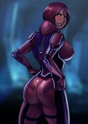 1girls 2d_(artwork) ass blush breasts halo_(series) large_ass large_breasts looking_back medium_hair original_character power_armor red_hair skin_tight spartan_(halo) texd41 thick_thighs thighs