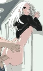 1girls against_wall ass bottomless hoodie long_hair penis sex white_hair yev-san