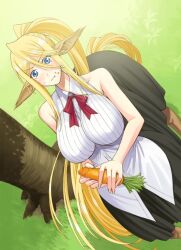 10s :t animal_ears bare_shoulders blonde_hair blue_eyes blush breasts carrot centaur centorea_shianus dutch_angle eating female food food_on_face from_above horse_ears huge_breasts long_hair looking_at_viewer monster_girl monster_musume_no_iru_nichijou official_art okayado pointy_ears ponytail skirt solo tail taur very_long_hair