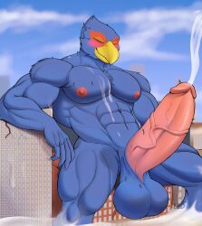 absurd_res avian balls beak big_balls big_penis bird blue_body bodily_fluids building city closed_eyes cum destruction erection excessive_cum excessive_genital_fluids falco_lombardi furrrled gay genital_fluids genitals hi_res macro male muscular muscular_male nintendo orgasm penis sitting star_fox worship