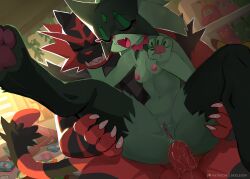 1boy1girl anthro anthro_on_anthro bed bedroom big_breasts blush blush_lines breasts card clothing cum_in_pussy cute detailed_background fangs female furry_only generation_7_pokemon generation_9_pokemon green_fur incineroar male male/female male_penetrating_female mask meowscarada open_mouth penis pokemon pokemon_(species) pokemon_sm pokemon_sv pussy red_fur skeleion watermark