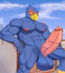 absurd_res avian balls beak big_balls big_penis bird blue_body bodily_fluids building city destruction erection falco_lombardi furrrled gay genital_fluids genitals hi_res macro male muscular muscular_male nintendo penis precum sitting star_fox worship