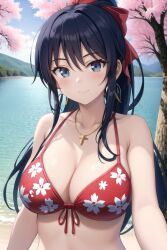 1girls ai_generated beach big_breasts bikini blue_eyes blue_hair busty cherry_blossoms cleavage cross_necklace female female_only hair_ribbon large_breasts looking_at_viewer ocean realistic red_bikini sakura_shinguji sakura_wars sega smile solo swimsuit voluptuous water