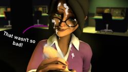 1girls 3d 3d_(artwork) after_fellatio after_sex crooked_glasses cum cum_on_clothes cum_on_tip dialogue english_text facial glasses handjob happy miss_pauling pleased smile steam steamy_penis team_fortress_2 text uncut