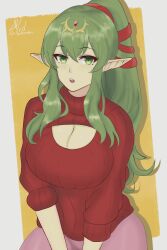 1girls alternate_costume breasts cleavage cleavage_cutout female female_only fire_emblem fire_emblem_awakening green_eyes green_hair large_breasts long_hair looking_at_viewer mature mature_female nintendo open_mouth pants pointy_ears ponytail rotomdocs solo sweater tiki_(adult)_(fire_emblem) tiki_(fire_emblem)