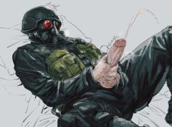 1boy balls cum ejaculation gas_mask helmet hunk_(resident_evil) iamgonnaleavey lying male masturbation no_visible_face penis resident_evil solo uniform