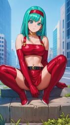 1girls ai_generated aqua_hair bangs blue_eyes blue_hair bra_(dragon_ball) bra_briefs choker covering_crotch dragon_ball dragon_ball_z female female_only flat_belly gloves hairband hoop_earrings long_gloves looking_at_viewer medium_breasts miniskirt open_eyes open_legs solo squatting tank_top thighhighs thighs