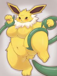 absurd_res anthro biped blush breasts brown_eyes eeveelution featureless_breasts female fur generation_1_pokemon genitals hi_res jolteon lying navel nintendo on_back pokémon_(species) pokemon pokemon_(species) pussy shadow shiryujack08 solo tentacle thunders white_body white_fur yellow_body yellow_fur