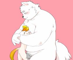 2023 anthro belly big_belly blush canid canine canis domestic_dog duo embrace hi_res hug inunoshippo kemono male mammal overweight overweight_male pink_body pubes size_difference