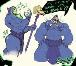 2023 abs anthro barazoku blue_body claws digital_drawing_(artwork) digital_media_(artwork) english_text finger_claws hood low-angle_view male male_only muscular muscular_male navel nipples pecs ritsukaxan skeletor solo speech_bubble staff text