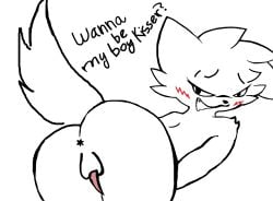 anthro anus ass boykisser boykisser_(meme) domestic_cat english_text felid feline felis fur genitals girly hi_res male mammal nude penis presenting presenting_anus silly_cat_(mauzymice) solo solo_male tail unknown_artist white_body white_fur