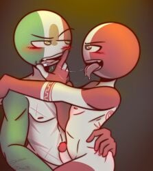 2boys alternate_version_available biceps blush countryhumans eyebrows male male_only markings mexico_(countryhumans) multicolored_body multicolored_skin muscular muscular_male peru_(countryhumans) simple_background tongue_out two_tone_background yaoi yellow_eyes