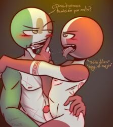 2boys alternate_version_available biceps blush countryhumans eyebrows male male_only markings mexico_(countryhumans) multicolored_body multicolored_skin muscular muscular_male peru_(countryhumans) simple_background spanish_text text tongue_out two_tone_background yaoi yellow_eyes